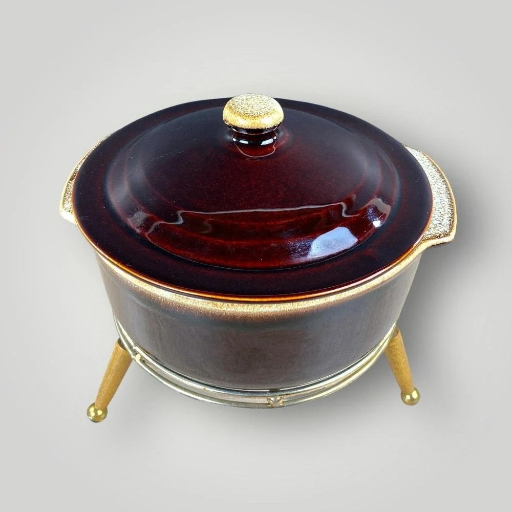 Brown Drip Glaze Fondue Pot Set 6 Forks Mid Century Stoneware‎ Vintage 1960s